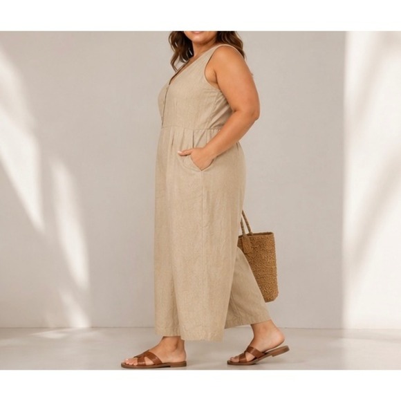 Ecowish Pants - ECOWISH Jumpsuit Womens Khaki Tan Linen Blend Wide Leg V-Neck Sleeveless XL